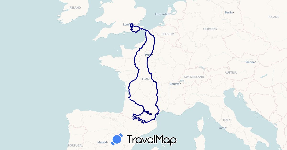 TravelMap itinerary: driving in Andorra, Spain, France, United Kingdom (Europe)
